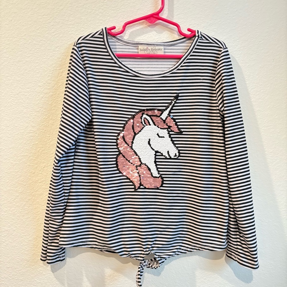 Bobbie Brooks Girls Striped Unicorn Sequin Tie-Front Top Size S (6/6X)